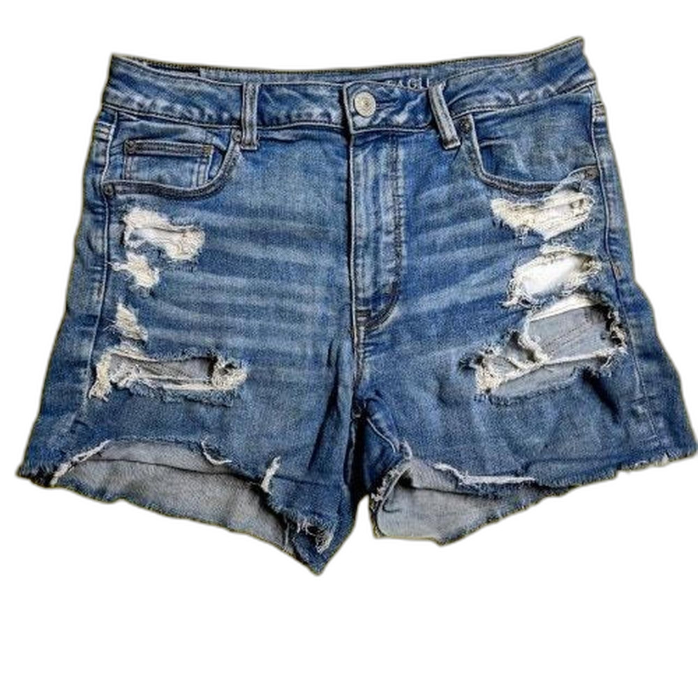 American Eagle Hi-Rise Shortie Distressed Jean Shorts Women’s Size 12 Blue Denim